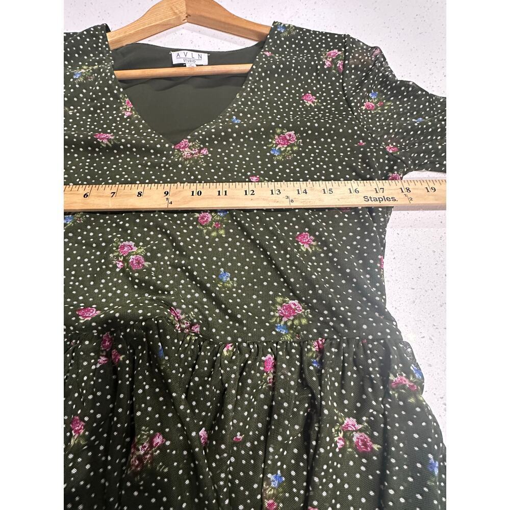 AVLN Studio Green Floral Tiered Dress Sheer Long Sleeve Fairy Forest Whimsical L - Picture 8 of 12
